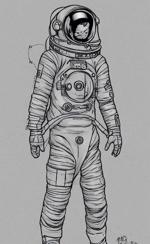 Image similar to concept art, digital art, manga drawing, full body astronaut sketch, illustration in the style of darren bartley, katsuya terada