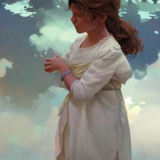 Image similar to young girl saying goodbye to her mother, highly detailed, digital painting, artstation, concept art, sharp focus, illustration, art by alex ross and greg rutkowski and alphonse mucha