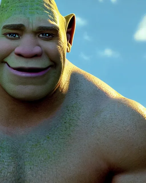 Image similar to film still close up shot of dwayne johnson as shrek from the movie shrek the third. photographic, photography