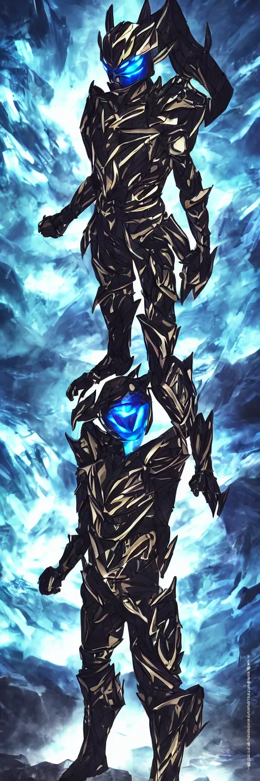 Image similar to High Fantasy Kamen Rider standing in a rock quarry, 4k, glowing eyes, daytime, rubber suit, dark blue segmented armor, dragon inspired armor, centered