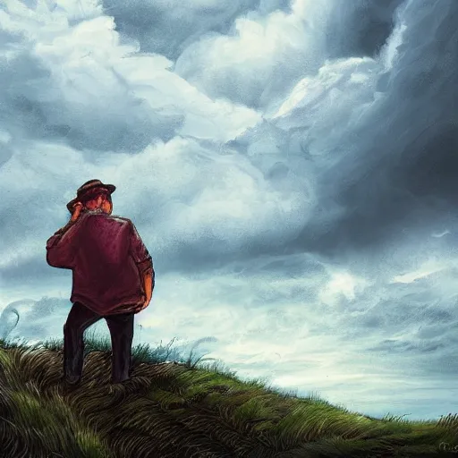 Image similar to a regretful man on a hill and storm is coming, digital painting, futured, ultra detailed
