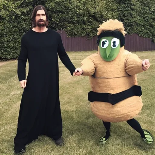 Image similar to christian bale wearing a kale costume