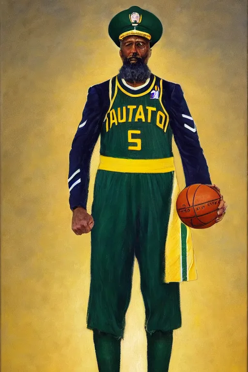 Image similar to full body portrait of the dictator of the nba utah jazz, 1 8 8 9, in full military garb, navy, green, yellow, oil on canvas by william sidney mount, trending on artstation