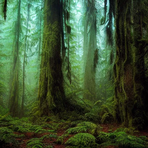 Image similar to pacific northwest rain forest, green, brown, realistic, monster hidden in background, photograph, twilight, fog