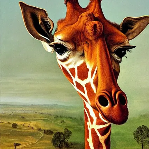 Image similar to an oil painting of a giraffe painted by arcimboldo