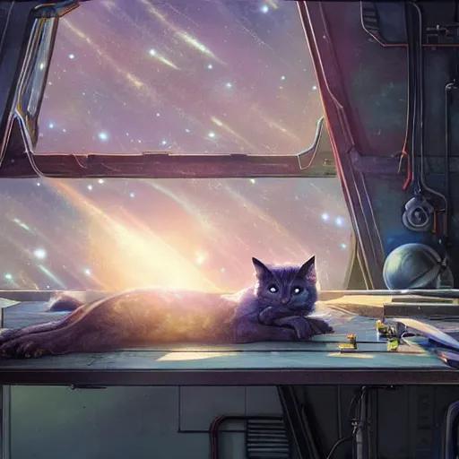 Image similar to an alien space cat sleeping on a mechanics workbench while their owner repairs in a spaceport in a fantasy ghibli animated film, volumetric lighting, octane render by stanley artgerm lau, greg rutkowski, studio ghibli, alphonse mucha, loish, norman rockwel, highly detailed, warm lighting, lens flare - w 7 0 4