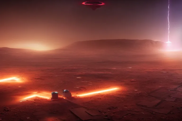 Image similar to a cinematic picture of cyberpunk cargo ship landing in a starport on mars, fog and lightnings, ridley scott and zack snyder, 8 k, hd, high resolution, 8 5 mm, f / 1. 8