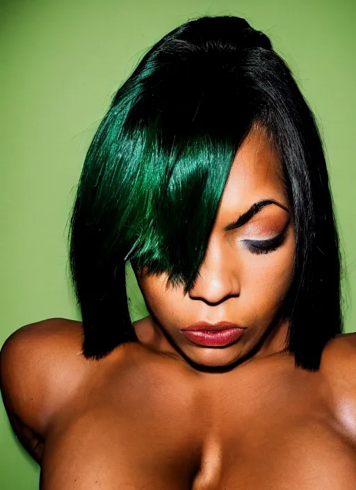 Image similar to a photo portrait of a very muscular woman with dark green hair and dark skin by terry richardson, sharp focus.