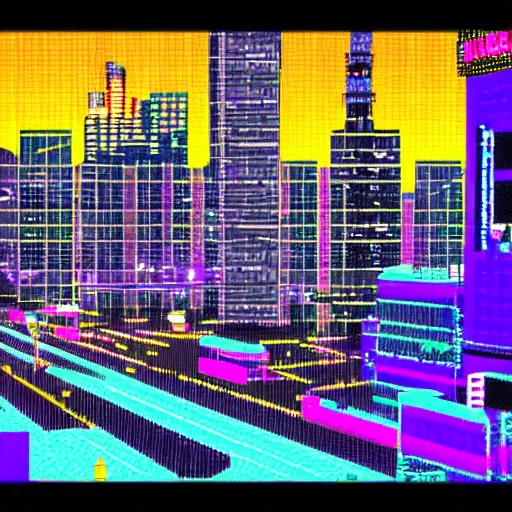 Prompt: cyberpunk city at night, 8 bit style