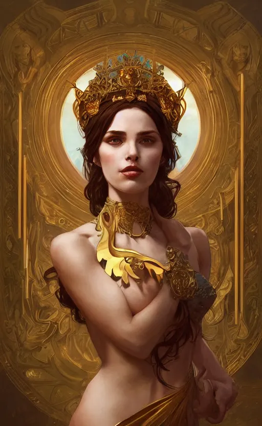 Image similar to portrait of circe, greek mythology, goddess, golden crown and outfit, intricate, headshot, highly detailed, digital painting, artstation, concept art, sharp focus, cinematic lighting, illustration, art by artgerm and greg rutkowski, alphonse mucha, cgsociety