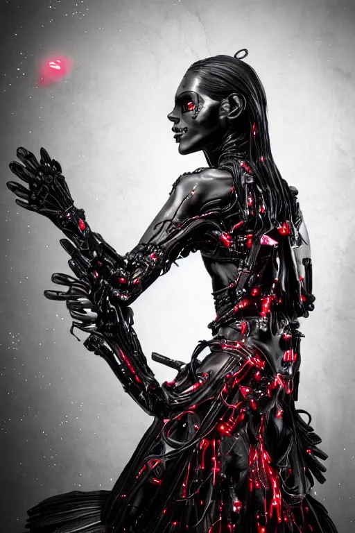 Image similar to full-body cyberpunk style sculpture of a young beautiful dark priestess, half android with a head opening exposing circuitry. glowing red eyes, black roses, flowing blood-red colored silk. fabric, candles. baroque elements. human skull. full-length view. baroque element. intricate artwork by Caravaggio. crows flying in background. Trending on artstation, octane render, cinematic lighting from the right, hyper realism, octane render, 8k, depth of field, 3D