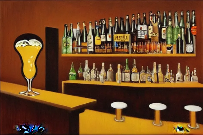 Image similar to a drunken bottle of beer stands a bar yelling at the bar tender, art by dean macadam