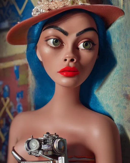 Prompt: closeup face profile portrait of a tin toy retro 1 9 5 0 s cara delevingne, bikini, depth of field, zeiss lens, fashion photoshoot by nicoletta ceccoli, mark ryden, lostfish, breathtaking, detailed and intricate environment, 8 k resolution, extremely detailed, beautiful, establishing shot, artistic, hyperrealistic, octane render
