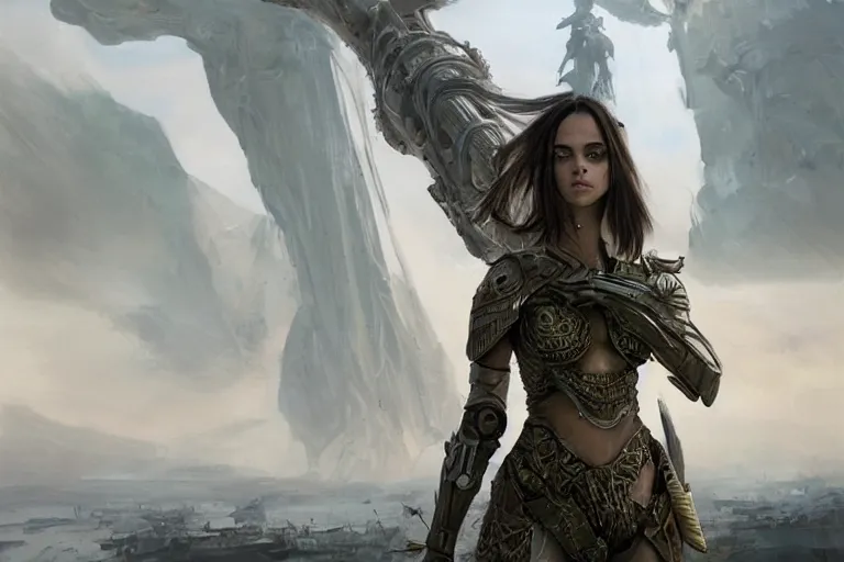 Prompt: a professional portrait of a beautiful young female, clothed in ethereal battle armor, olive skin, long dark hair, beautiful bone structure, symmetrical facial features, vast landscape in the background, intricate, elegant, digital painting, concept art, smooth, sharp focus, finely detailed, illustration, from Valerian and the City of a Thousand Planets, in the style of Ruan Jia and Mandy Jurgens and Artgerm and Greg Rutkowski and William-Adolphe Bouguerea