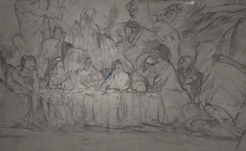 Image similar to last supper, drawn by a 5 year old detailed, sketh