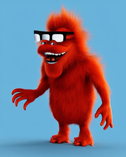 Image similar to 3 d render of completely red hairy friendly antropomorphic cartoony creature wearing chrome shades, full body, simple, cute, white background, unreal engine 5 hdr