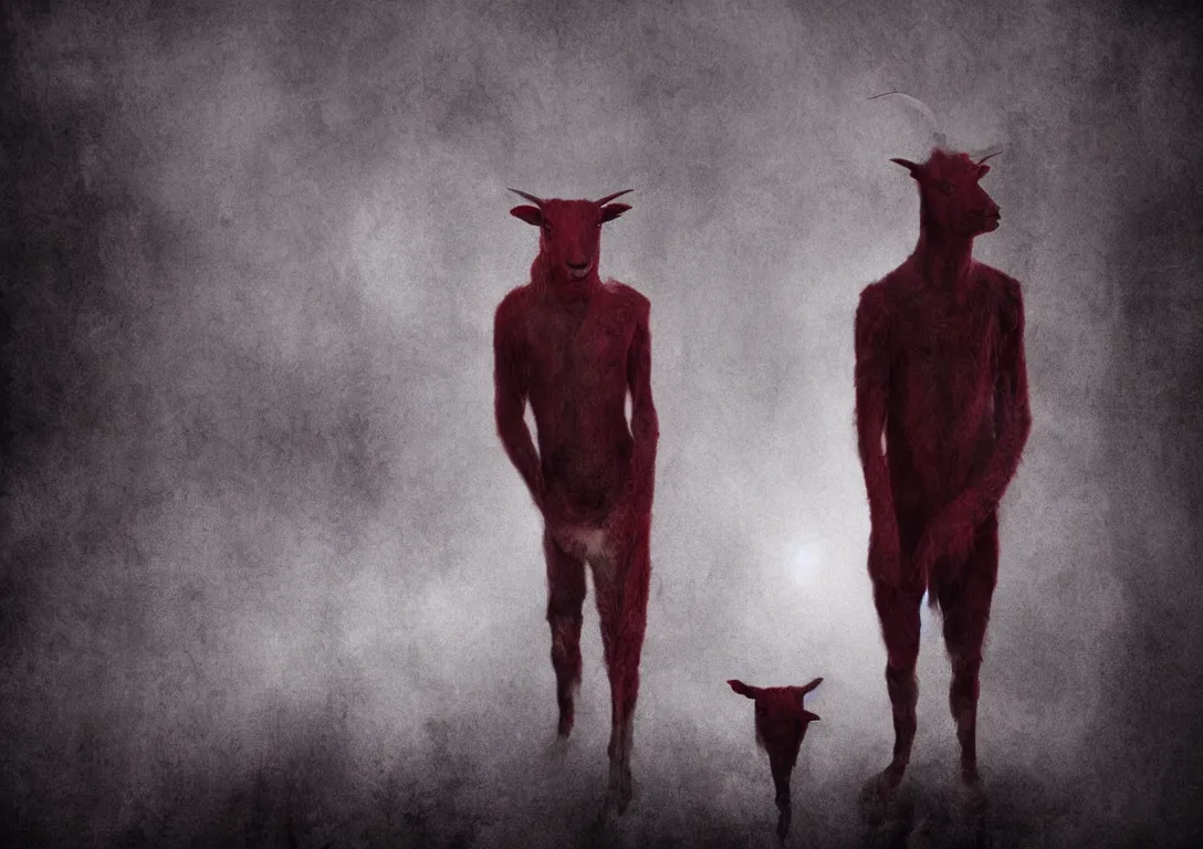 Prompt: lamb man digital art, human lamb hybrid, cult of the lamb, deep crimson and dark shadows, foggy background, ambient glow