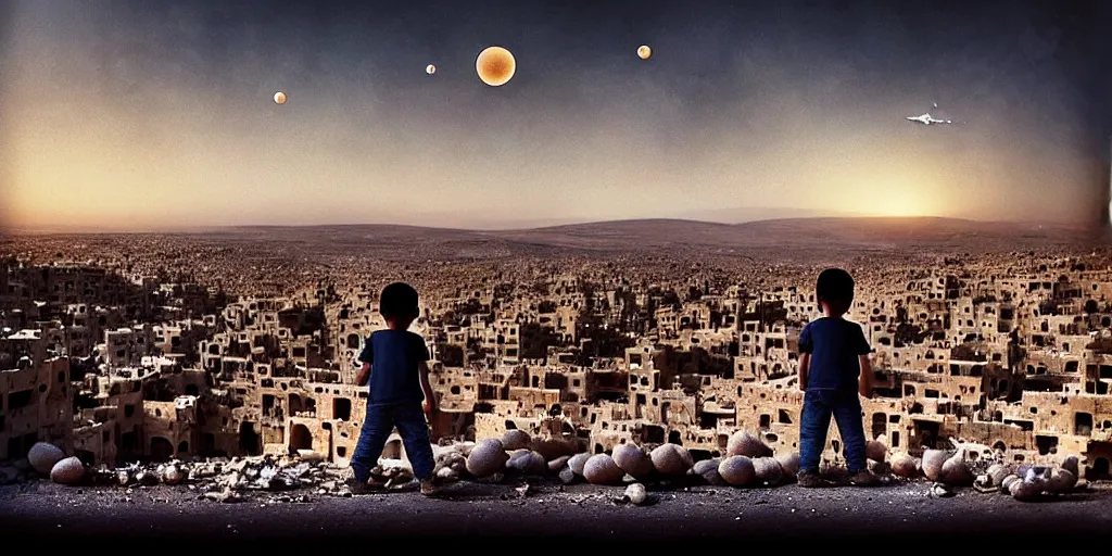 Image similar to “little boy figure lost (in the middle of the scene), epic view of Hummus in Syria in destruction, evening time clear sky, sad atmosphere, ruins, heartbreaking landscape, hyperdetailed, hyperrealism, trending on artstation, award winning photograph, photograph taken by Margaret Bourke-White, photorealistic, 8k, concept art, cinematographic, uhd, epic lighting”