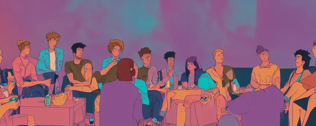 Image similar to a group of gen z friends sitting around talking about climate change while drinking old fashions, vaporwave cartoon