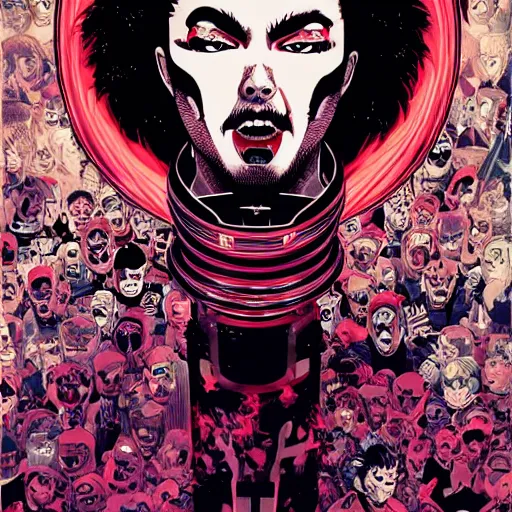 Image similar to portrait of crazy singing post malone with red eyes like hal 9 0 0 0, as vampire, symmetrical, by yoichi hatakenaka, masamune shirow, josan gonzales and dan mumford, ayami kojima, takato yamamoto, barclay shaw, karol bak, yukito kishiro