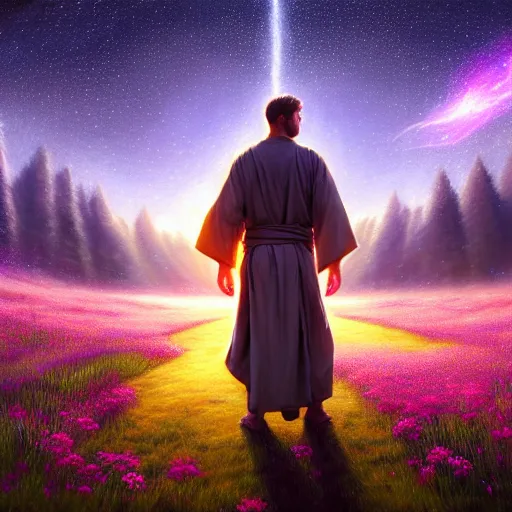 Prompt: ( hyperrealistic portrait of a war cleric in robes full of runes walks through the flower meadow, the flower meadow is decorated with a starry sky ) by noah bradley, photorealistic, dynamic lighting, very detailed faces, trending on artstation, wallpaper, dream, 4 k, award winning, lovely pastel colors, ethereal, elegant