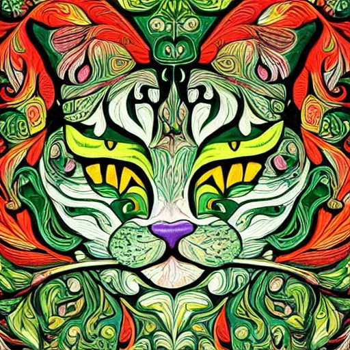 Image similar to colourful ornate decorative green man as a cat face by louis wain and william morris, closeup, twisting leaves, abstract psychedelic, 8 k, artstation