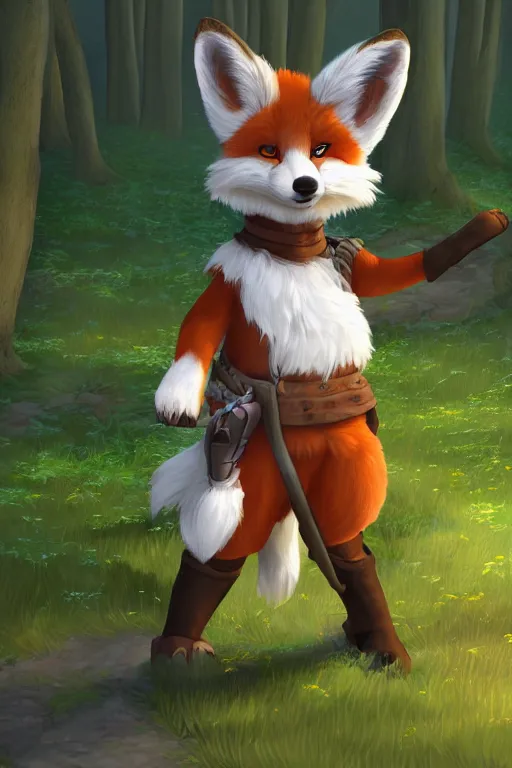 Image similar to a medieval fox furry fursona with a fluffy tail in a forest, backlighting, cgi, rendered in unreal engine, trending on artstation, cartoon, trending on furaffinity