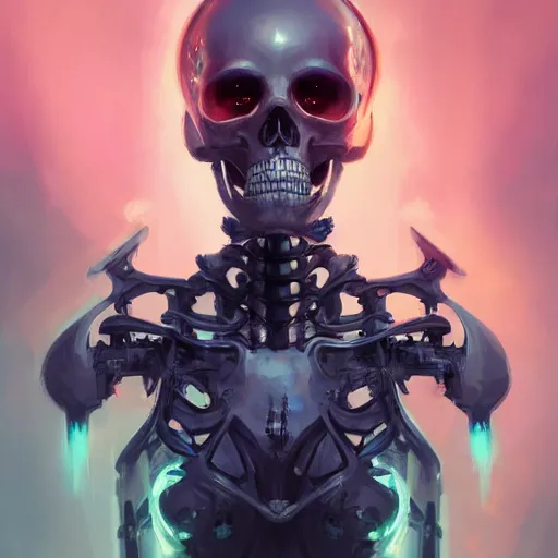 Prompt: portrait of a horrific cybernetic skeleton, cyberpunk concept art by pete mohrbacher and artgerm and wlop and greg rutkowski and deathburger, digital art, highly detailed, intricate, sci-fi, sharp focus, Trending on Artstation HQ, deviantart, unreal engine 5, 4K UHD image