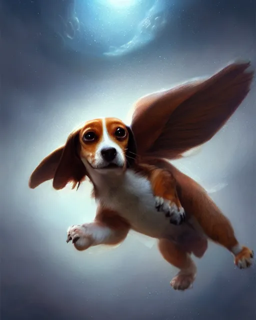 Image similar to cute flying beagle, cinematic, stunning, adorable, highly detailed fur, digital painting, artstation, smooth, hard focus, illustration, art by jessica rossier and and brian froud