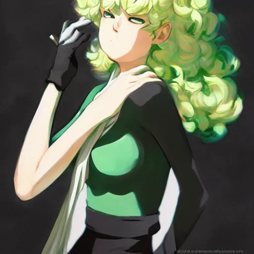 Image similar to tatsumaki from one punch man, painting, cool color palette, refreshing, soft lighting, by cushart krenz, by makoto shinkai