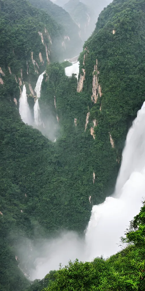 Image similar to a Cloudy peak in southern China with one waterfall, the style of National Geographic magazine