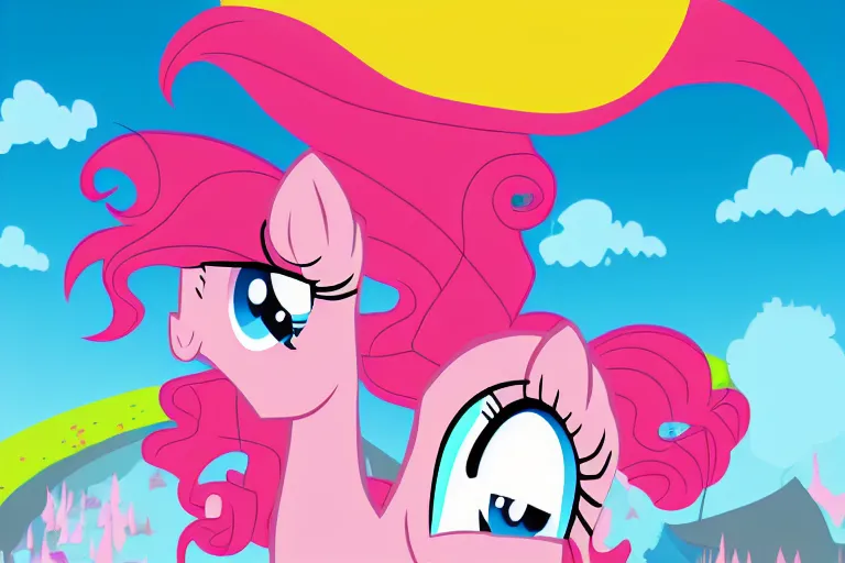 Prompt: Giant Pinkie Pie, poke head through cloud layer, digital art, Friendship is Magic, Hasbro, vector art, svg, flash animation