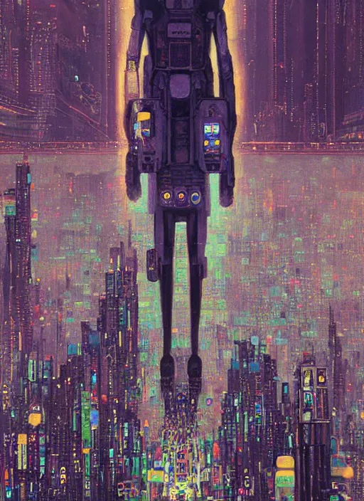 Image similar to a painting of a giant robot standing in front of a city, cyberpunk art by beeple art by gustav klimt, behance contest winner, nuclear art, dystopian art, apocalypse art, sci - fi