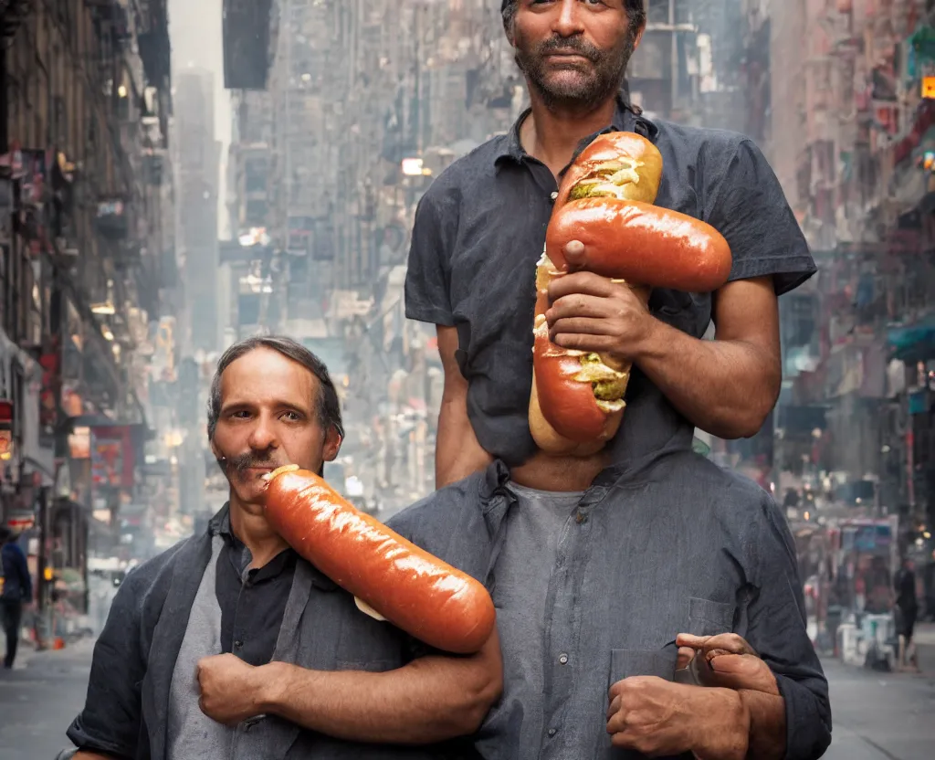 Image similar to closeup portrait of a man carrying a giant hotdog on his shoulder in a smoky new york back street, by Annie Leibovitz and Steve McCurry, natural light, detailed face, CANON Eos C300, ƒ1.8, 35mm, 8K, medium-format print