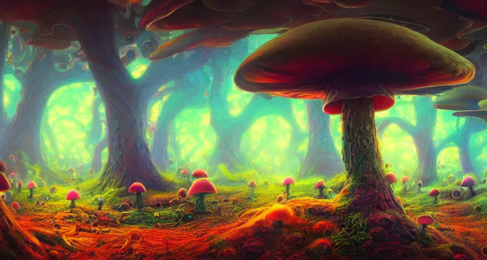 Image similar to a beautiful painting of trippy mushrooms by Tokio Aoyama, Mario Martinez, David Normal. photorealistic, trending on artstation, dramatic lighting, 8K, fantasy beautiful, surreal, cinematic.