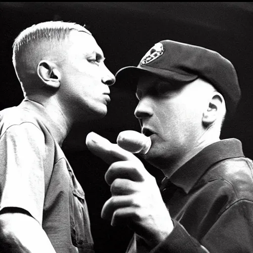 Prompt: eminem having a rap battle with hitler