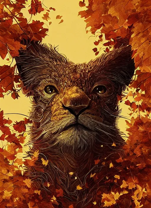 Image similar to golden leaves at frame border, creative!!! composition for a book cover, absurdly beautiful, ultrafine hyperrealistic detailed animal face by wlop and artgerm and greg rutkowski, intricate linework, sharp focus, smooth, unreal engine, dramatic lighting, ethereal, 8 k