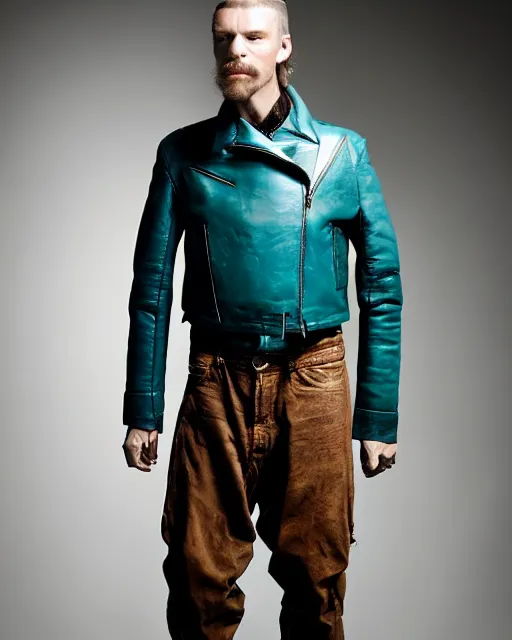 Image similar to an award - winning photo of an ancient male model wearing a plain cropped baggy teal distressed medieval designer menswear leather flight jacket designed by alexander mcqueen, 4 k, studio lighting, wide angle lens, 2 0 0 4