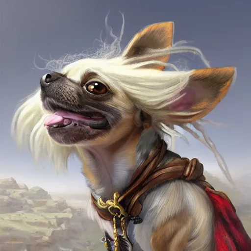 Prompt: a detailed and accurate masterpiece painting of a pirate chihuahua chihuahua with white dreadlocks, white hair dreads, sharp detail, by tyler edlin, noah bradley, john j. park, jordan grimmer trending on artstation