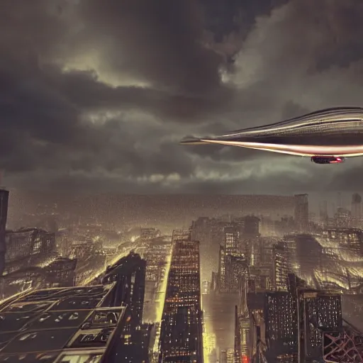 Prompt: A photorealistic 3D render of a zeppelin flying over a cyberpunk city on a cloudy night, octane render, surreal digital art