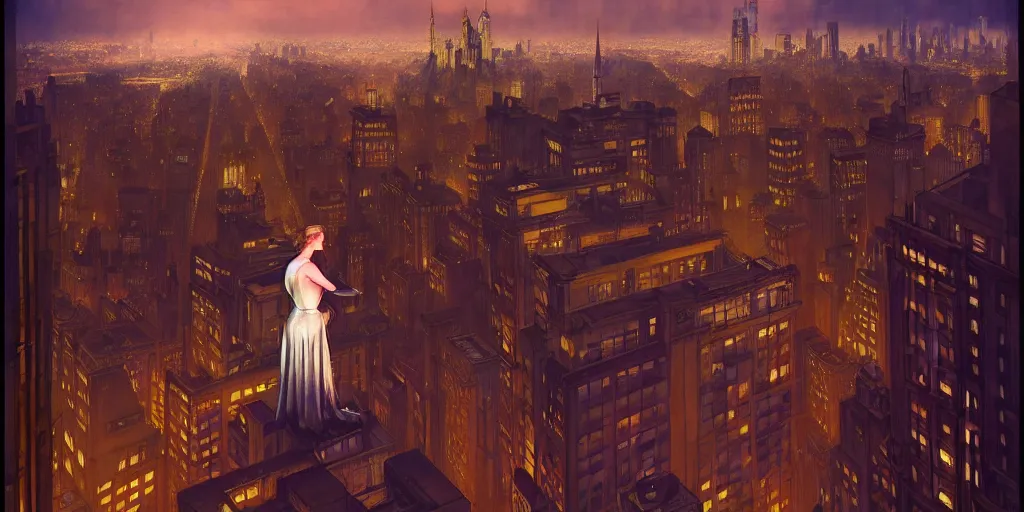 Image similar to a woman standing on a balcony overlooking an axonometric 1920s New York City at dusk, by Rolf Armstrong and Evelyn De Morgan and Bastien Lecouffe-Deharme, dramatic lighting, high contrast colors, baroque, empyrean, panoramic view, as trending on Artstation, highly detailed, doom engine,