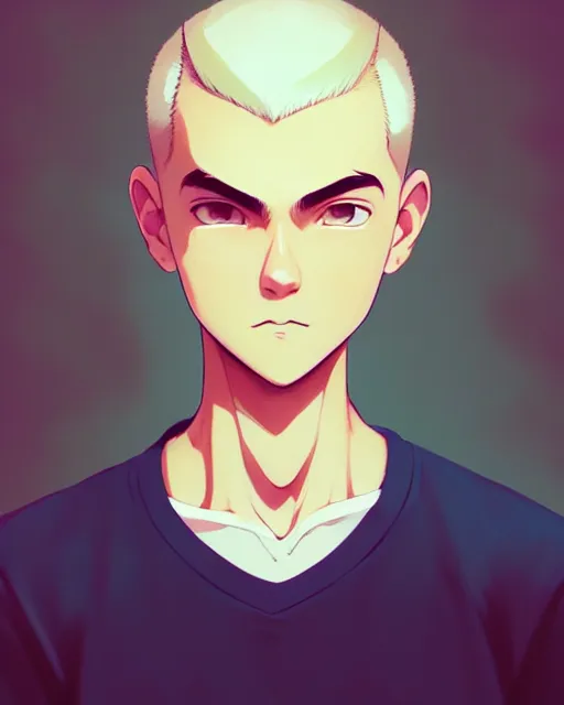 Image similar to teen boy with buzzed hair, blonde, bangs, unibrow, bushy eyebrows, mischievous grin, portrait shinkai makoto studio ghibli studio key hideaki anno sakimichan stanley artgerm lau rossdraws james jean marc simonetti elegant highly detailed digital painting artstation pixiv