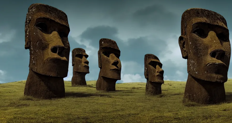 Prompt: Ancient easter island ruins, moai heads, center composition, cinematic, rendered by simon stålenhag, rendered by Beeple, Makoto Shinkai, syd meade, environment concept, digital art, starwars, unreal engine, 3 point perspective, WLOP, trending on artstation, low level, 4K UHD image, octane render,