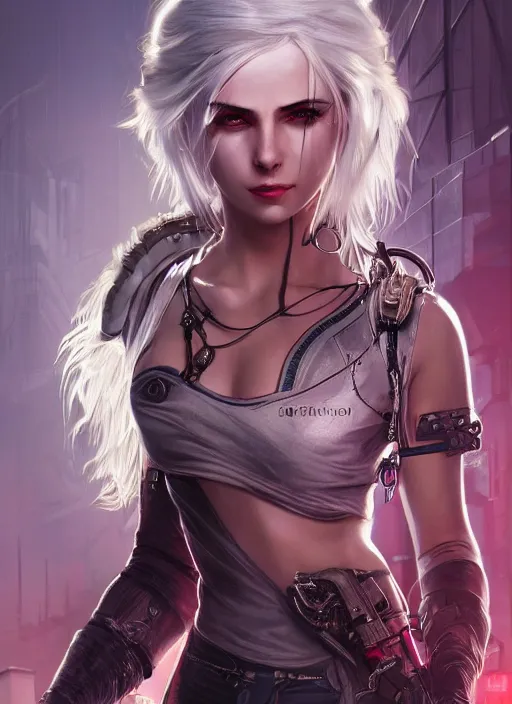 Prompt: Ciri as a Cyberpunk assassin, beautiful detailed eyes, cute, fantasy, intricate, elegant, highly detailed, digital painting, 4k, HDR, concept art, detailed jewelry, smooth, sharp focus, illustration, art by Artgerm, H R Giger and Alphonse Mucha