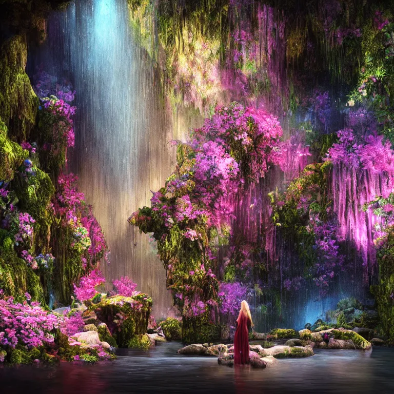 Image similar to oil painting, rich deep colors masterpiece, waterfall, night lights, gray, pink, ultra detailed, beautiful fantasy cave scene, waitomo glowworm caves, contrast, neon drops, neon stones, alone redheaded flower girl and dress made of fresh flowers, volumetric light, atmospheric lighting, dramatic, cinematic, moody, octane render 4 k, 8 k