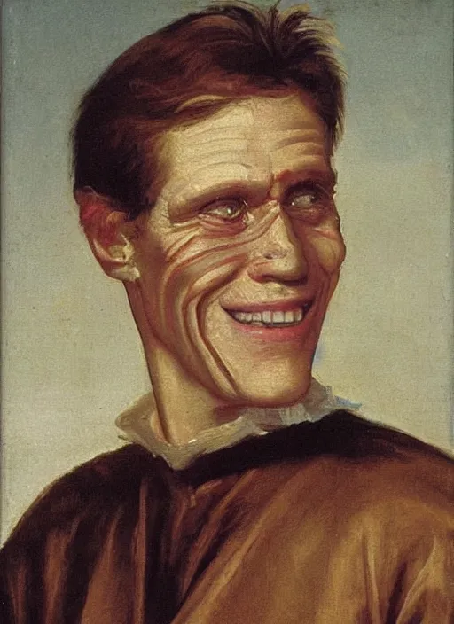 Image similar to portrait painting of young willem dafoe with stubble smiling warmly, renaissance oil painting, studious chiaroscuro