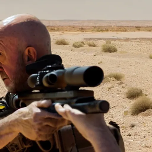 Image similar to Film still of Mike Ehrmantraut in American Sniper aiming with a sniper rifle, 4k, highly detailed