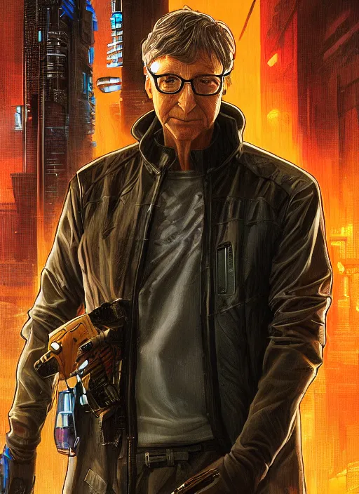 Prompt: Bill Gates as a Powerful Cyberpunk assassin in tactical gear. blade runner 2049 concept painting. Epic painting by James Gurney, Azamat Khairov, and Alphonso Mucha. ArtstationHQ. painting with Vivid color. (rb6s, Cyberpunk 2077)