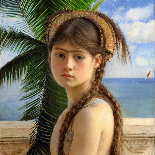 Prompt: a ultradetailed beautiful painting of a girl in the amazonas palace balustrade designed by jules bastien - lepage, tarsila do amaral, frank weston and gustave baumann, beach, trending on artstation, mediterranean, palm trees, hyper detailed face, sharp focus, soft light, 8 k 4 k