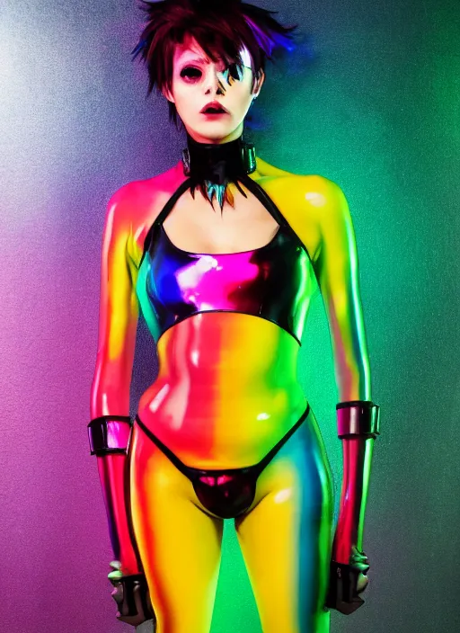 Prompt: full body abstract surreal weird oil painting portrait of tracer overwatch, confident pose, full body, full body, wearing black jagged iridescent rainbow latex armor, rainbow, neon, 4 k, expressive, makeup, wearing large rainbow neon choker, studio lighting, black latex, expressive detailed face and eyes,